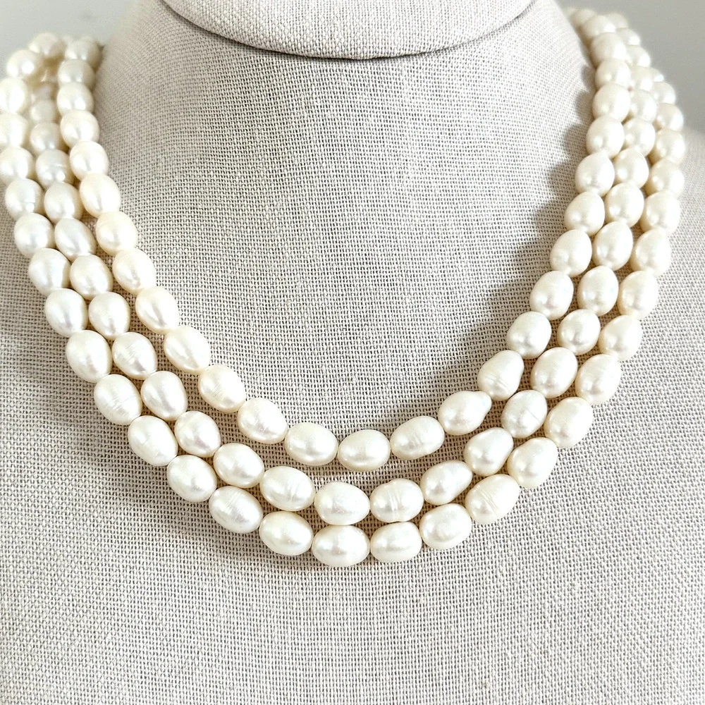 925 Sterling Silver Vintage Genuine Pearl Chunky Triple Strand 3 Row Necklace